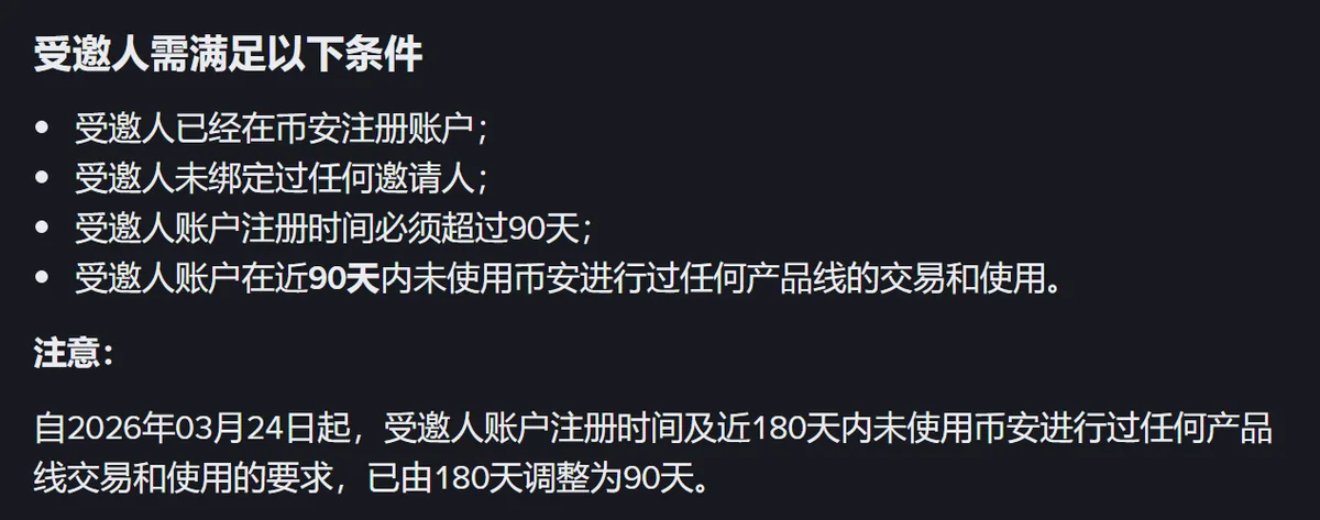 说明页里受邀人的 4 个条件，以及 180 天调整为 90 天的说明